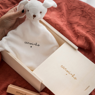 Imagem ilustrativa do kit baby mini composto por caixa de madeira deslizante, doudou e porta-retratos personalizados com o nome do bebé